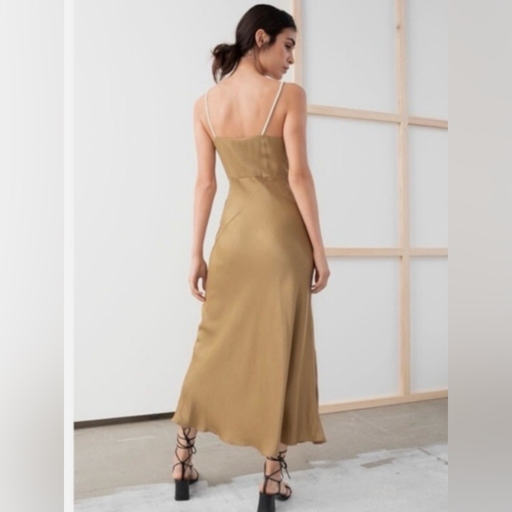 & OTHER STORIES Rope Strap Midi Satin Slip Dress Wedding Guest Cocktail Tan Sz 4 - Picture 4 of 14